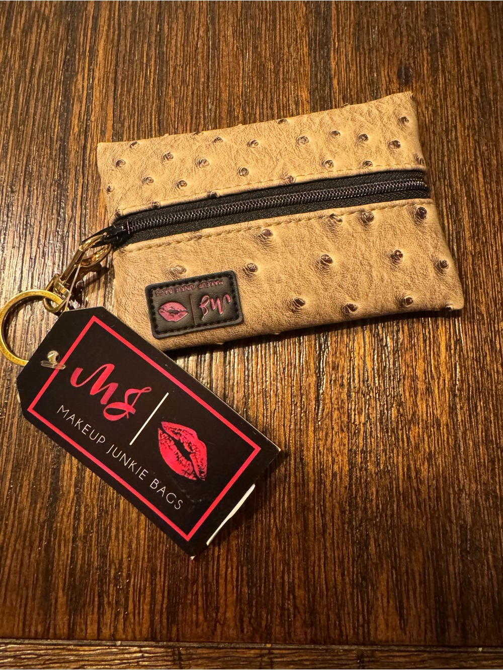 MAKEUP JUNKIE Tan Faux-Ostrich Coin Pouch Keychain